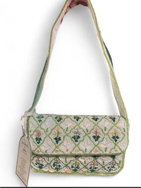 Made in India beaded handbag with green and white floral design